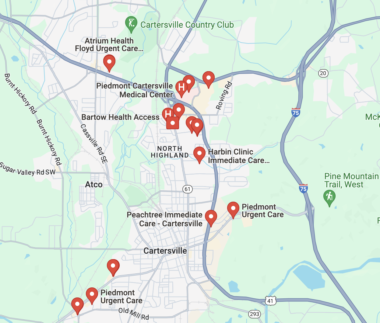 Map of Healthcare Facilities in Cartersville GA